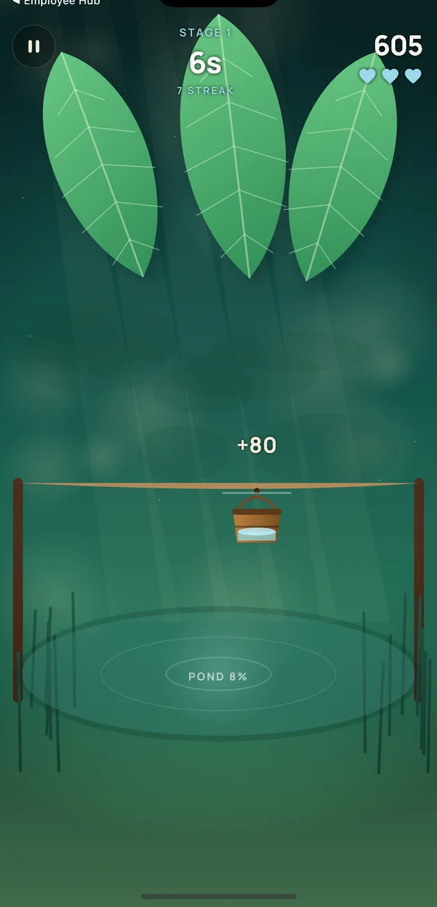Dewdrop Catch: a bucket on a rope beneath swaying leaves