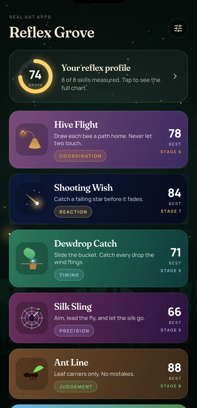 The home screen listing all eight games with best scores and skill tags