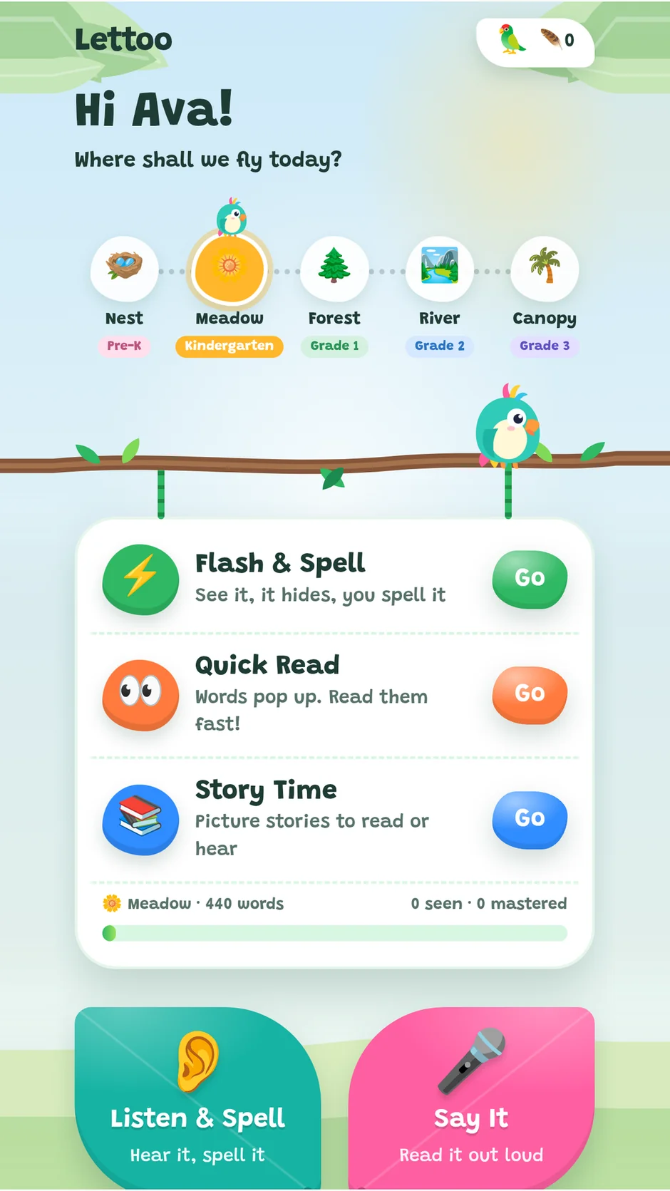 Lettoo's home screen with the parrot perched on a branch above the learning sign